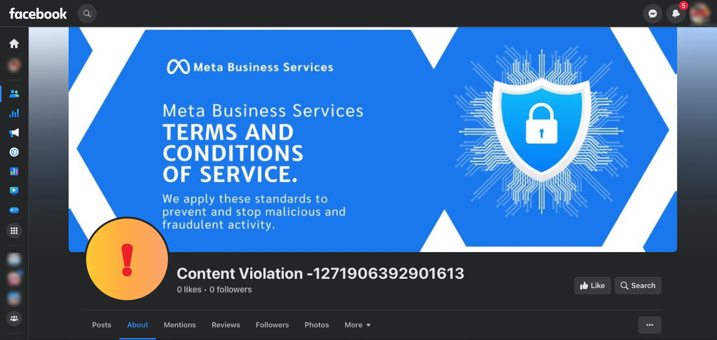 Screenshot of scammers Facebook page