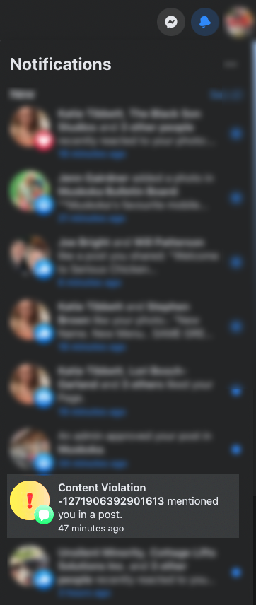 Screenshot of scammers Facebook notification